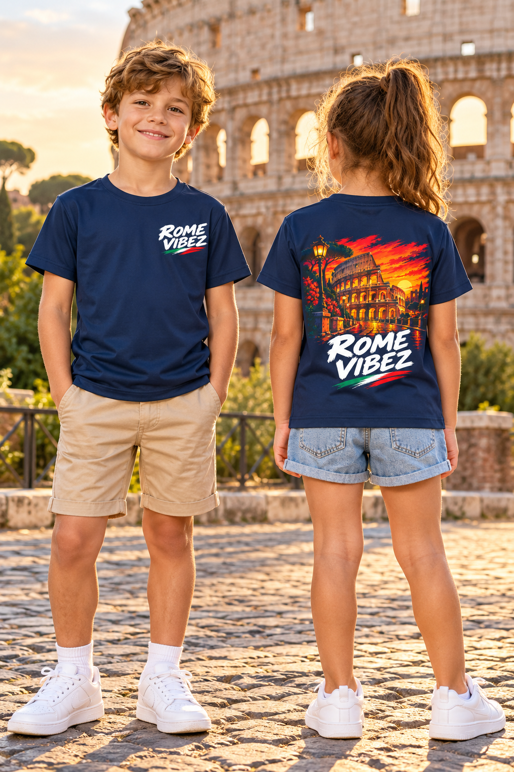 Rome Vibez Kids Jersey | Colosseum Sunset Graphic, Italian Flag Accent