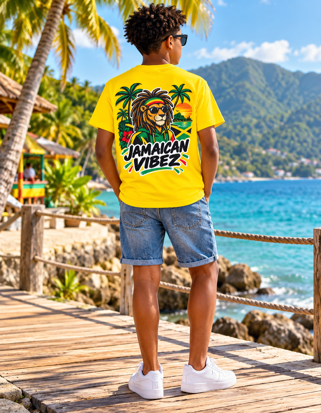 Jamaican Vibez Lion Graphic Kids Jersey | Yellow Reggae Shirt