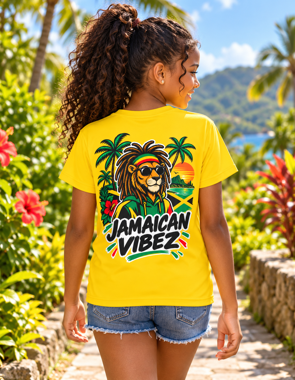 Jamaican Vibez Lion Graphic Kids Jersey | Yellow Reggae Shirt