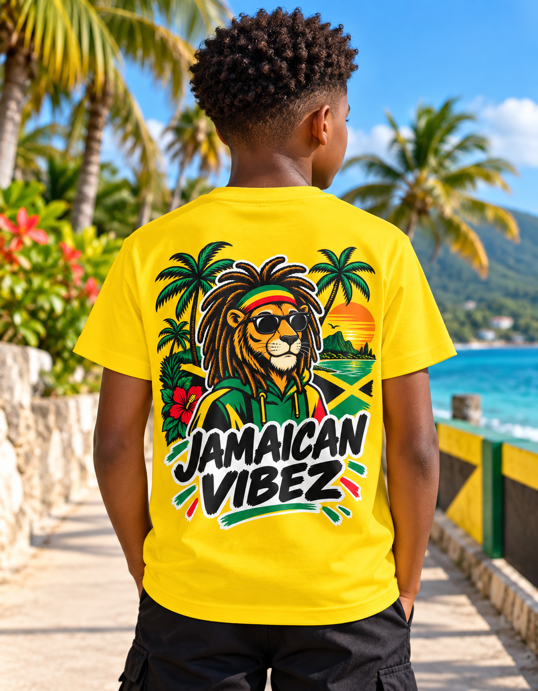 Jamaican Vibez Lion Graphic Kids Jersey | Yellow Reggae Shirt