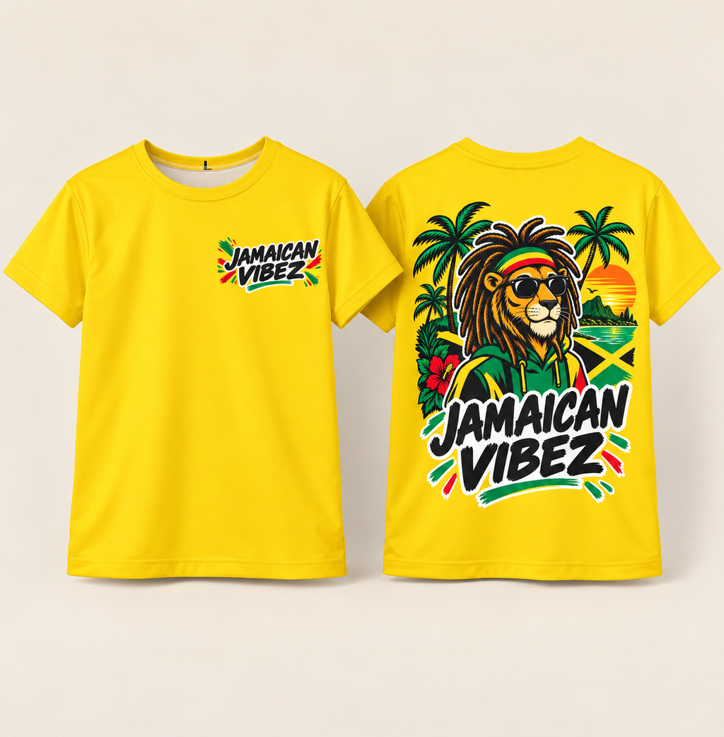 Jamaican Vibez Lion Graphic Kids Jersey | Yellow Reggae Shirt