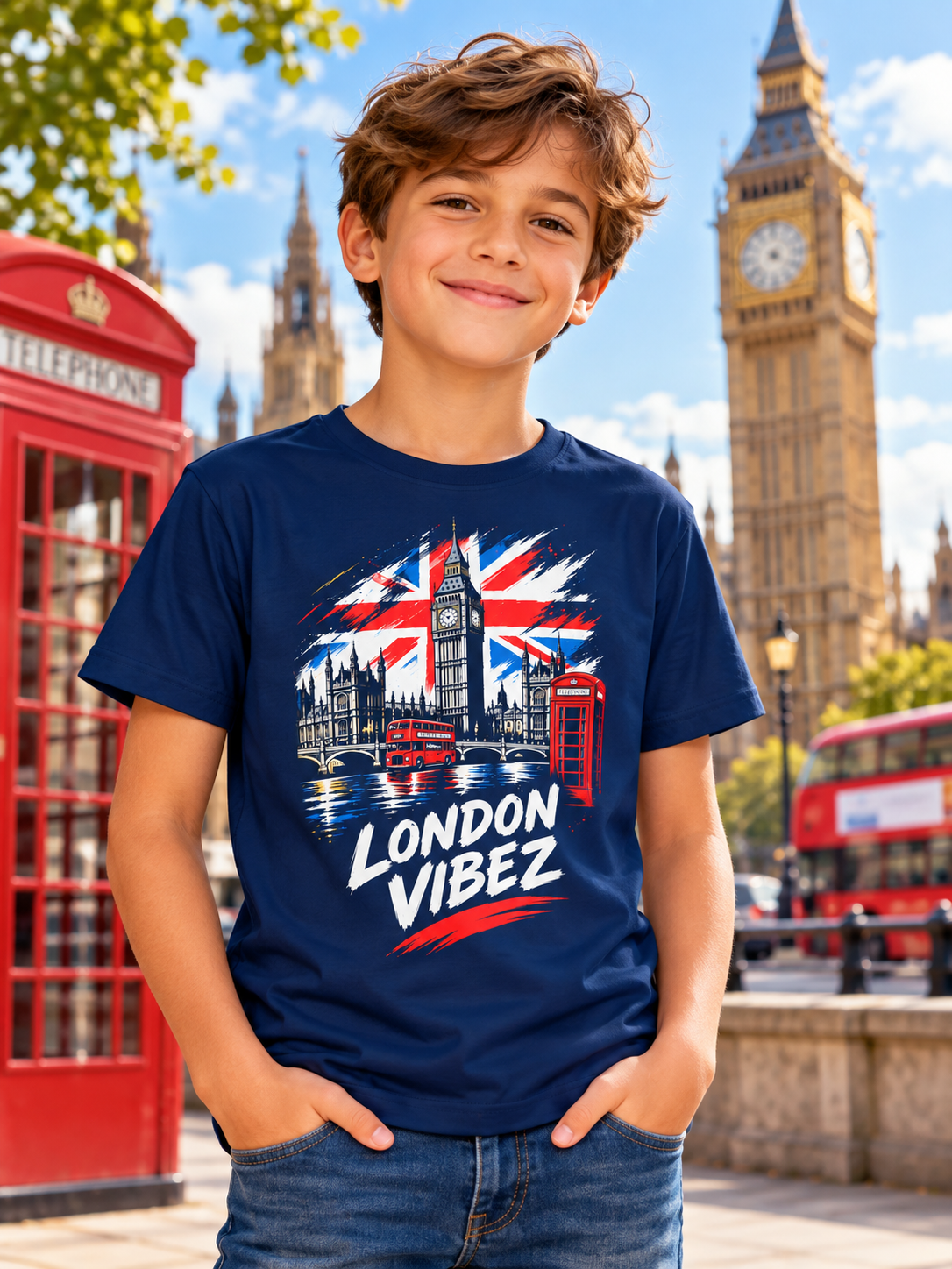 London Vibez Kids Jersey | Big Ben Union Jack Phone Booth Sports Shirt