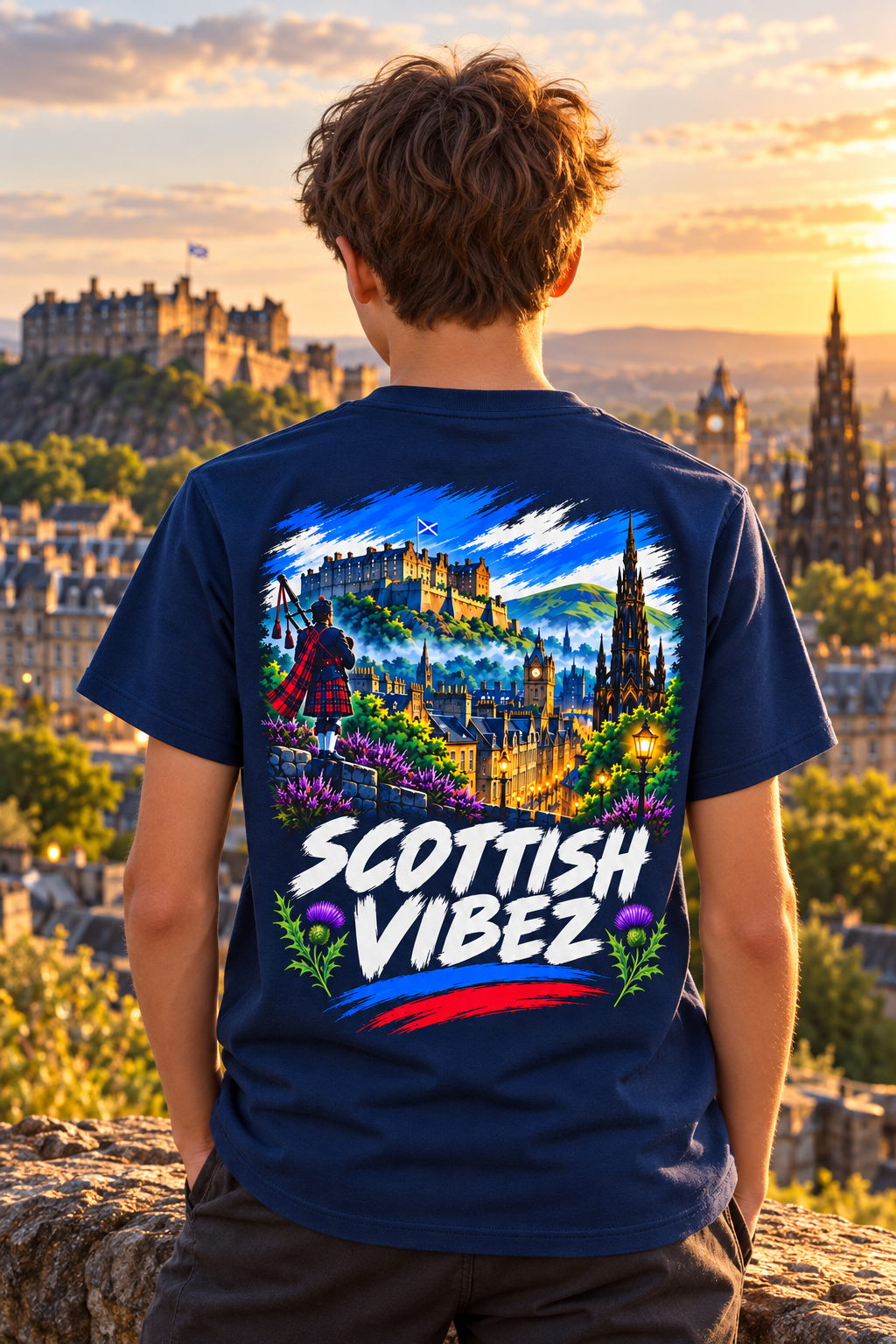 Scottish Vibez Kids Jersey | Edinburgh Castle Tee, Thistle Graphic