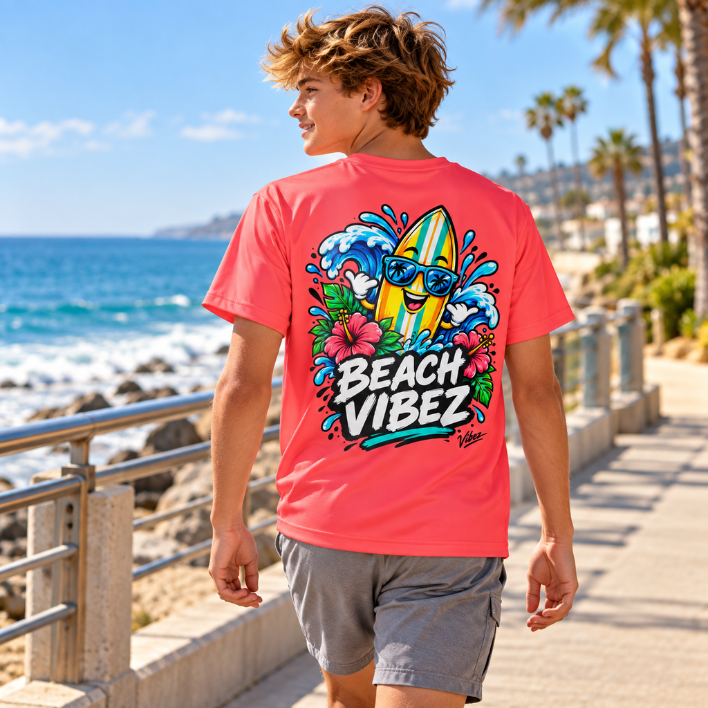 Beach Vibez Surfing Character Kids Jersey | Tropical Palm & Hibiscus