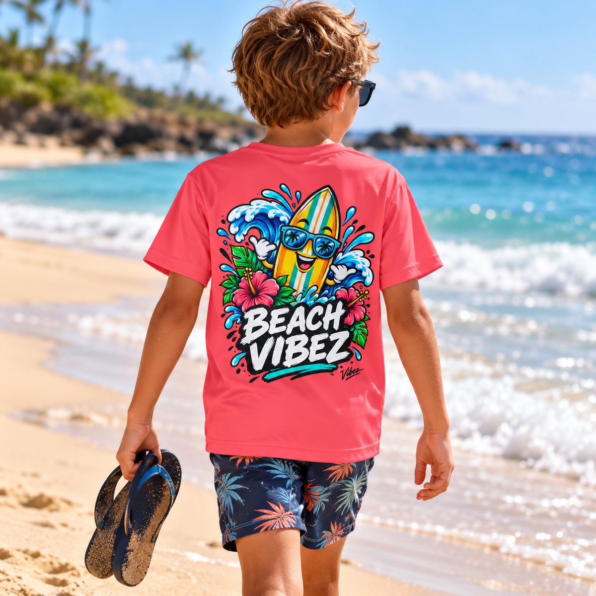 Beach Vibez Surfing Character Kids Jersey | Tropical Palm & Hibiscus