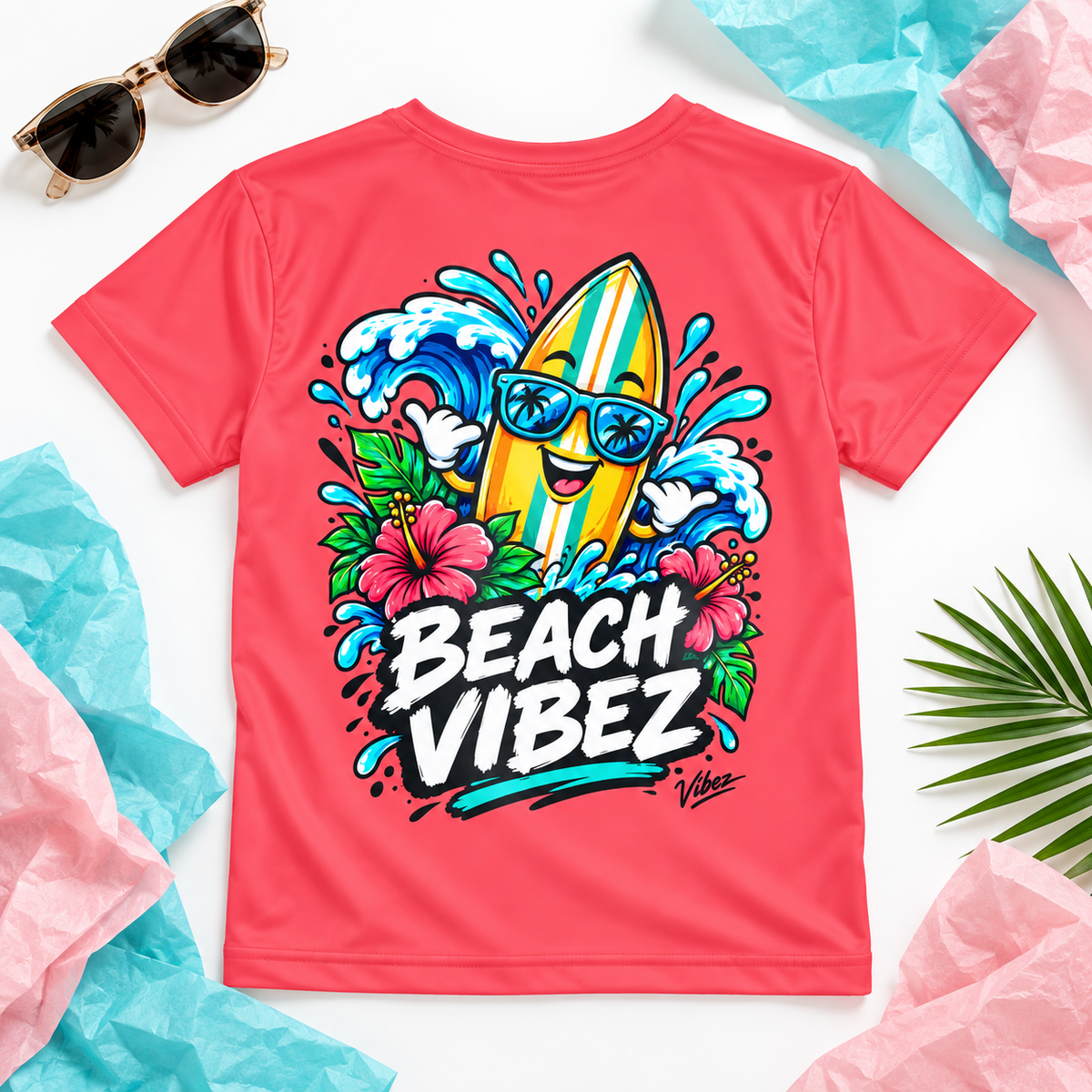 Beach Vibez Surfing Character Kids Jersey | Tropical Palm & Hibiscus