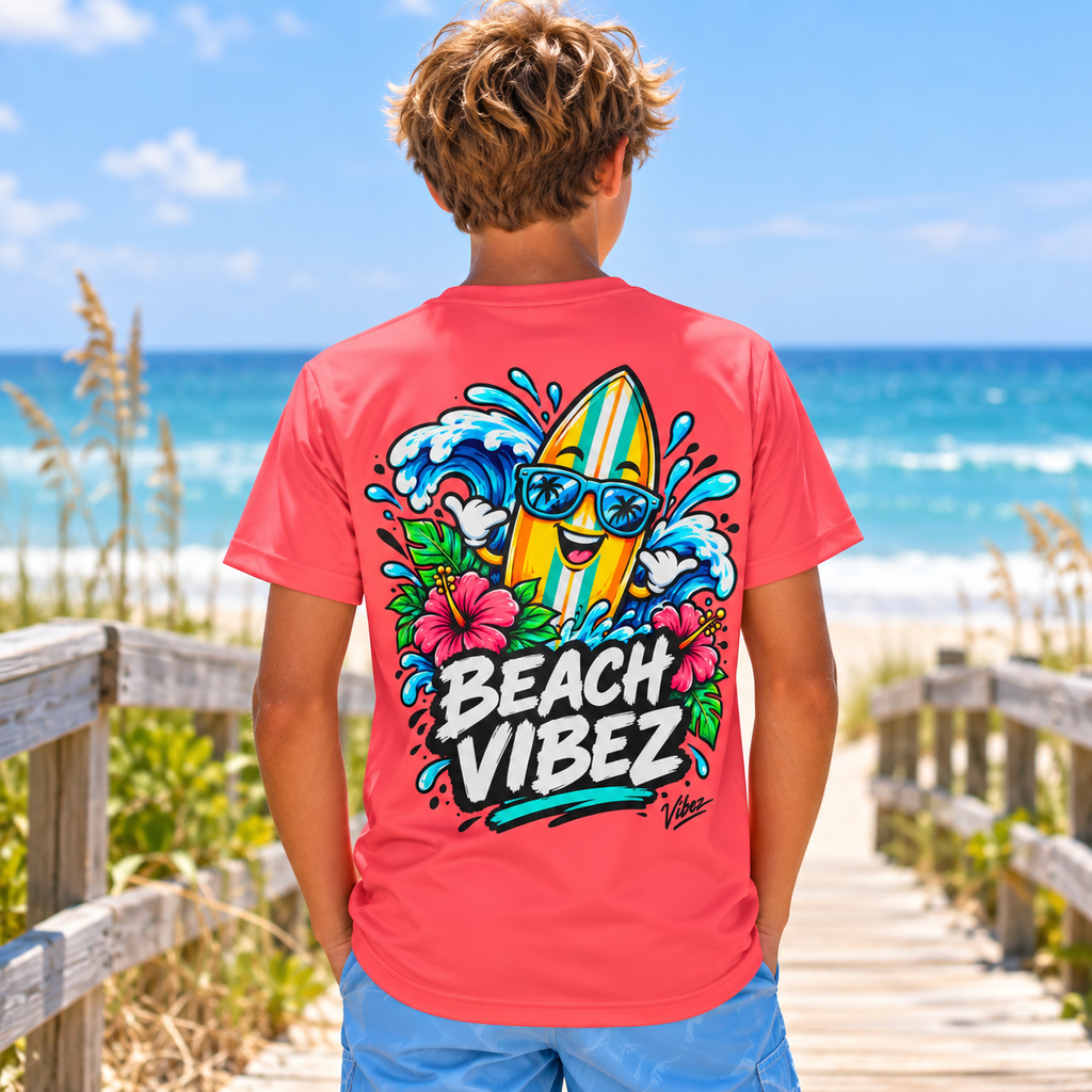Beach Vibez Surfing Character Kids Jersey | Tropical Palm & Hibiscus