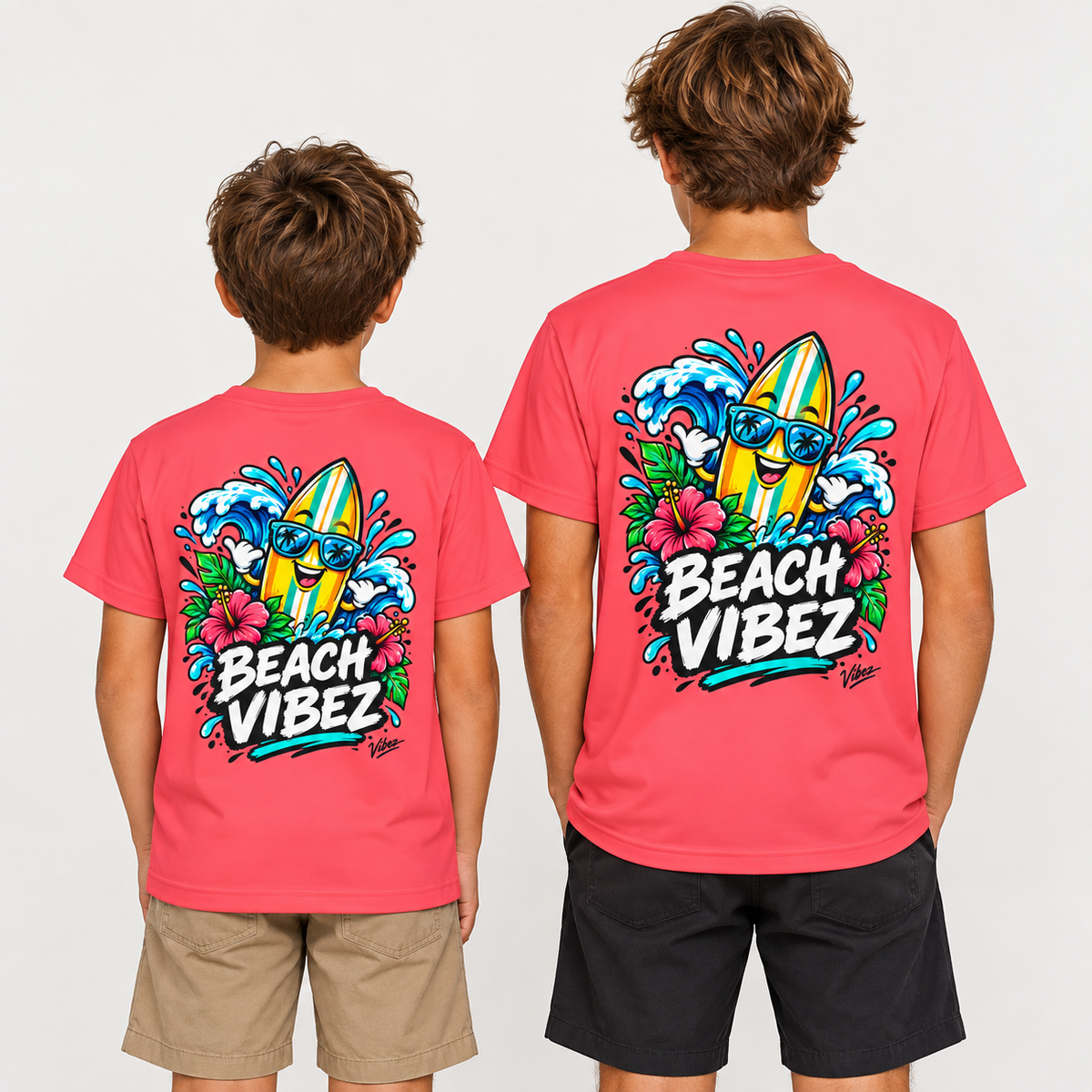 Beach Vibez Surfing Character Kids Jersey | Tropical Palm & Hibiscus