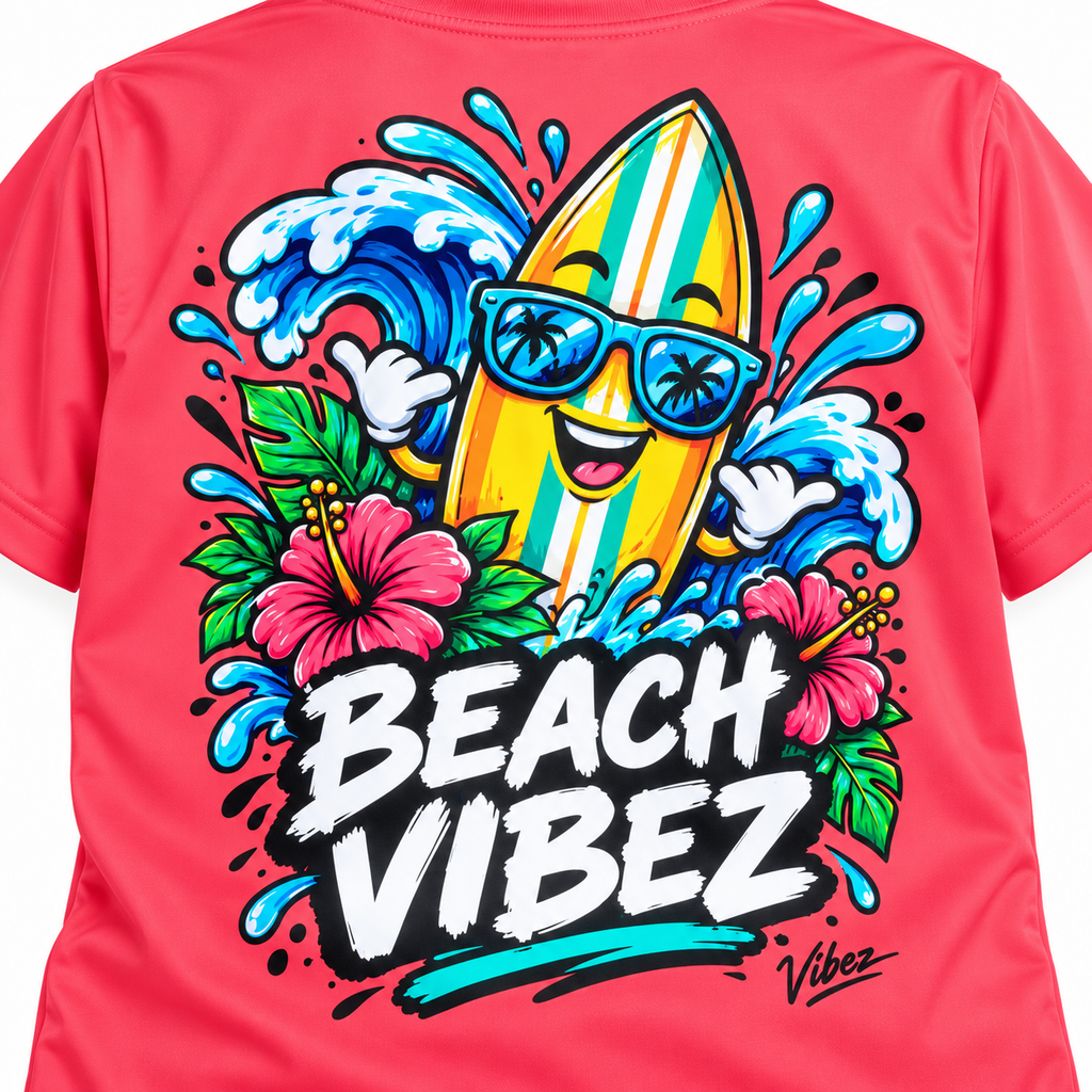 Beach Vibez Surfing Character Kids Jersey | Tropical Palm & Hibiscus