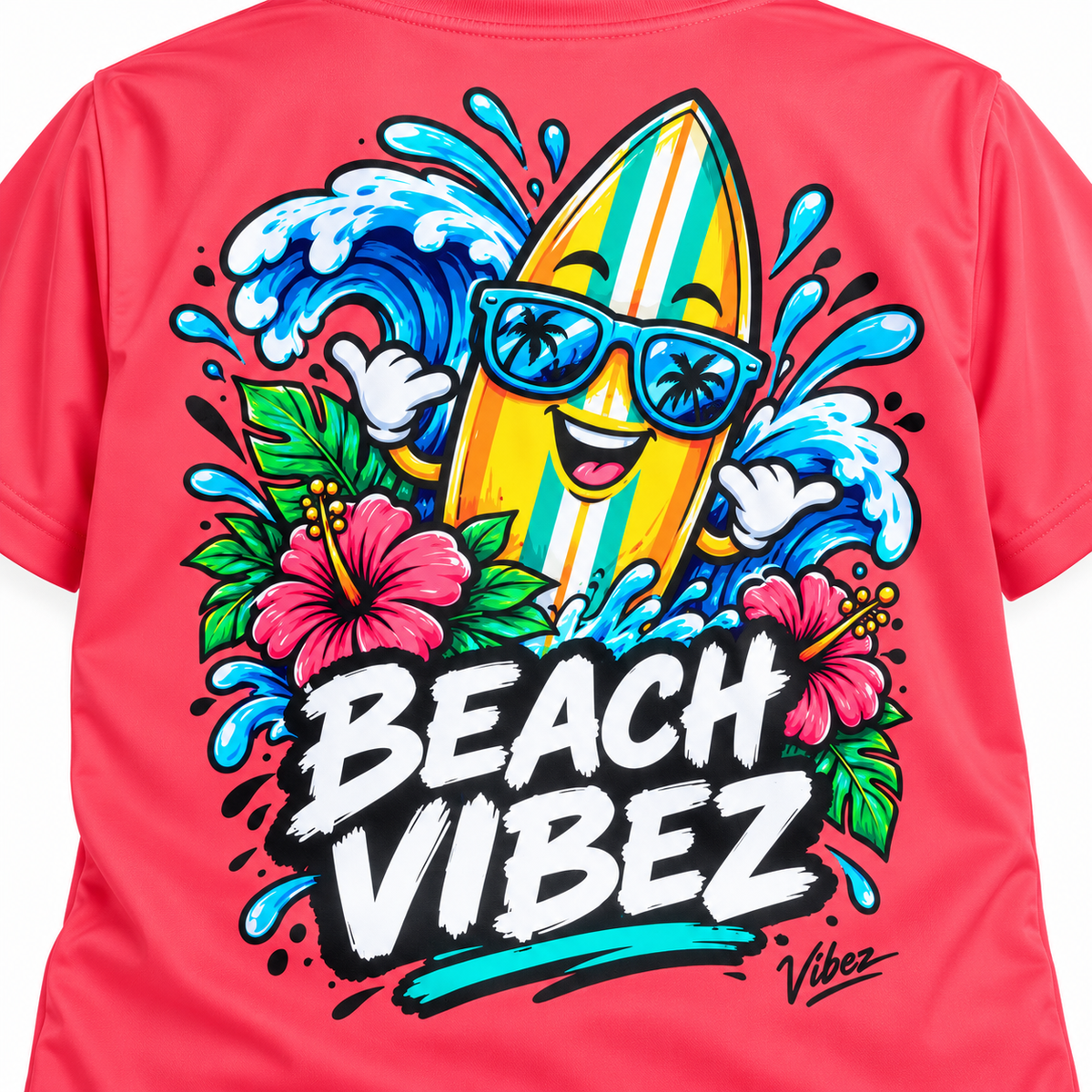 Beach Vibez Surfing Character Kids Jersey | Tropical Palm & Hibiscus