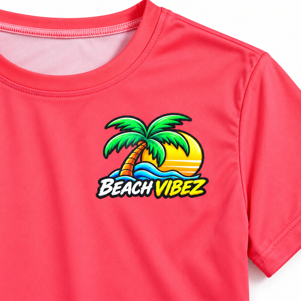 Beach Vibez Surfing Character Kids Jersey | Tropical Palm & Hibiscus