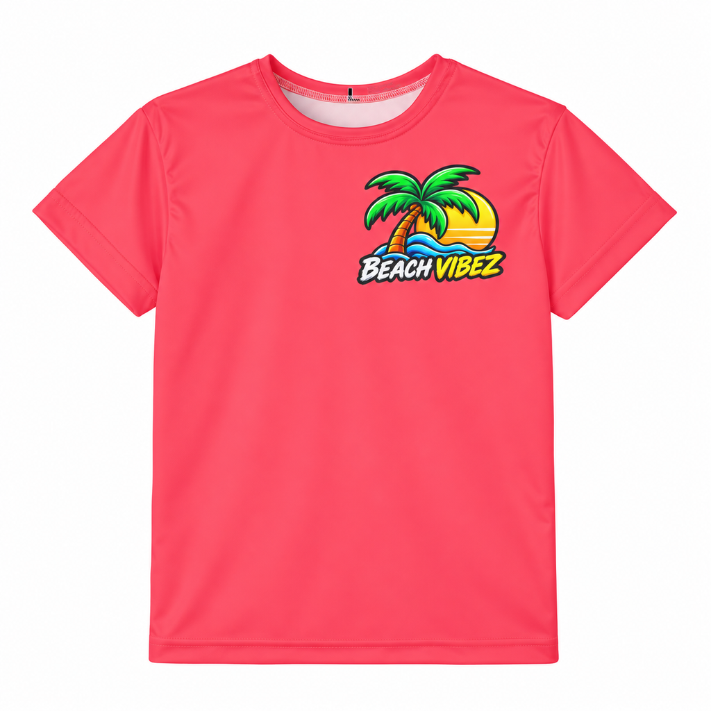 Beach Vibez Surfing Character Kids Jersey | Tropical Palm & Hibiscus