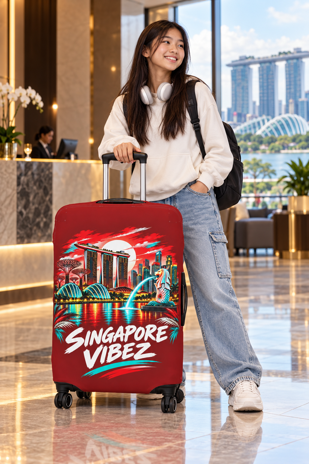 Singapore Vibez Luggage Cover | Marina Bay Sands Merlion Travel Sleeve