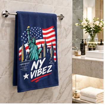 NY Vibez Statue of Liberty Beach Towel | American Flag, NYC Skyline