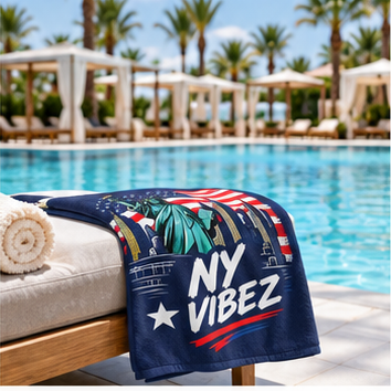 NY Vibez Statue of Liberty Beach Towel | American Flag, NYC Skyline