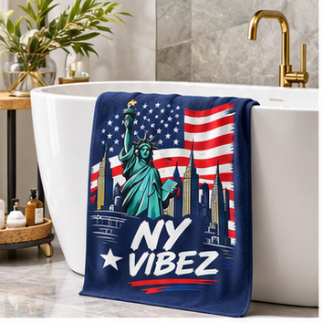NY Vibez Statue of Liberty Beach Towel | American Flag, NYC Skyline