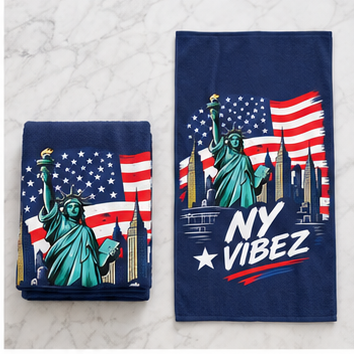 NY Vibez Statue of Liberty Beach Towel | American Flag, NYC Skyline