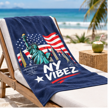 NY Vibez Statue of Liberty Beach Towel | American Flag, NYC Skyline