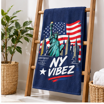 NY Vibez Statue of Liberty Beach Towel | American Flag, NYC Skyline