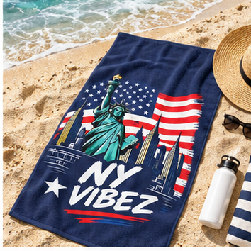 NY Vibez Statue of Liberty Beach Towel | American Flag, NYC Skyline