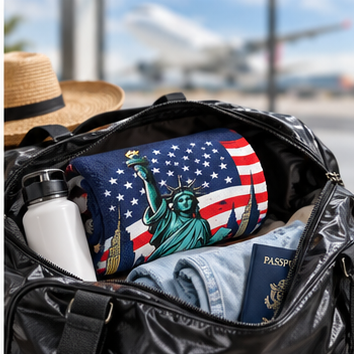 NY Vibez Statue of Liberty Beach Towel | American Flag, NYC Skyline
