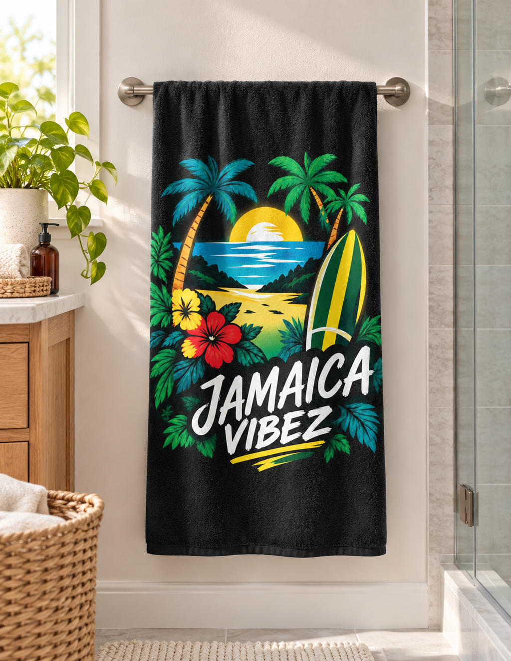 Jamaica Vibez Beach Towel | Tropical Surfboard Palm Tree Sunset