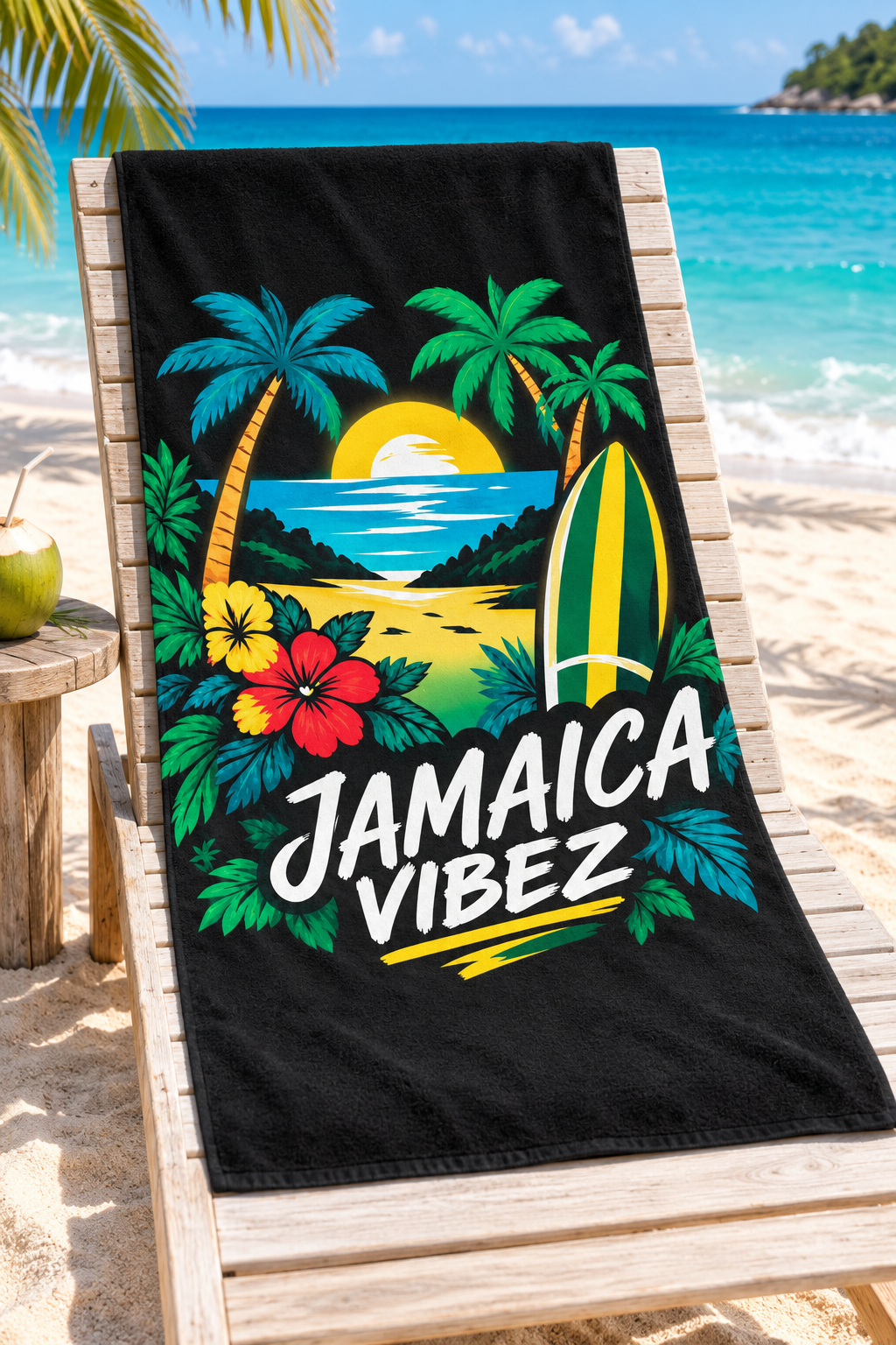 Jamaica Vibez Beach Towel | Tropical Surfboard Palm Tree Sunset