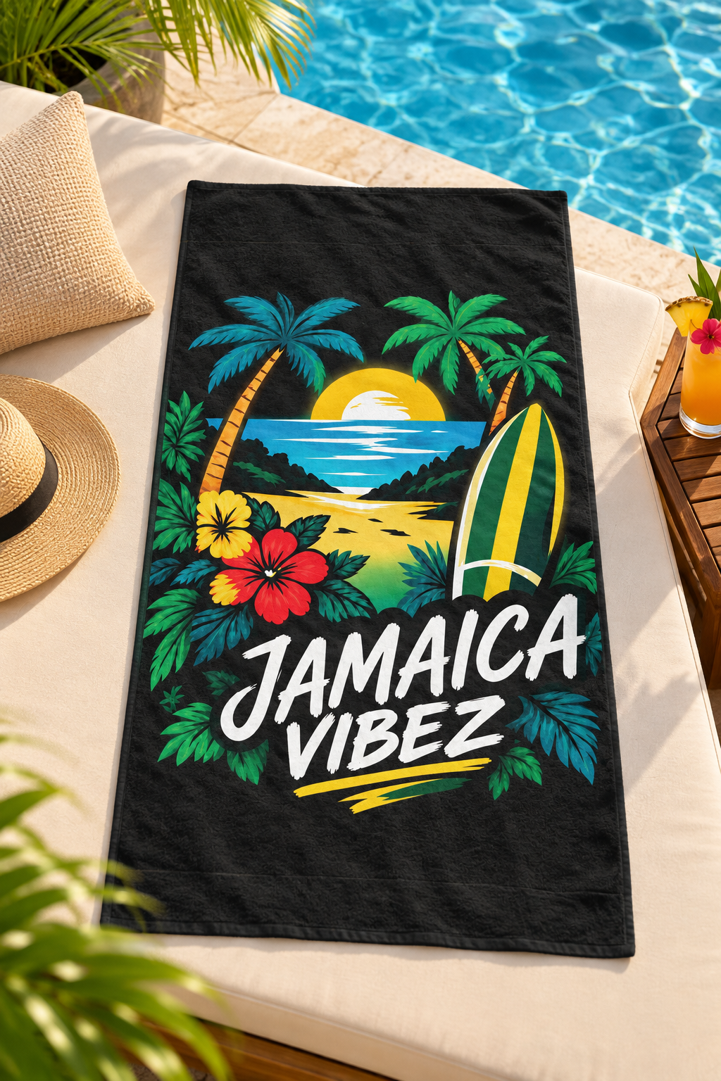 Jamaica Vibez Beach Towel | Tropical Surfboard Palm Tree Sunset