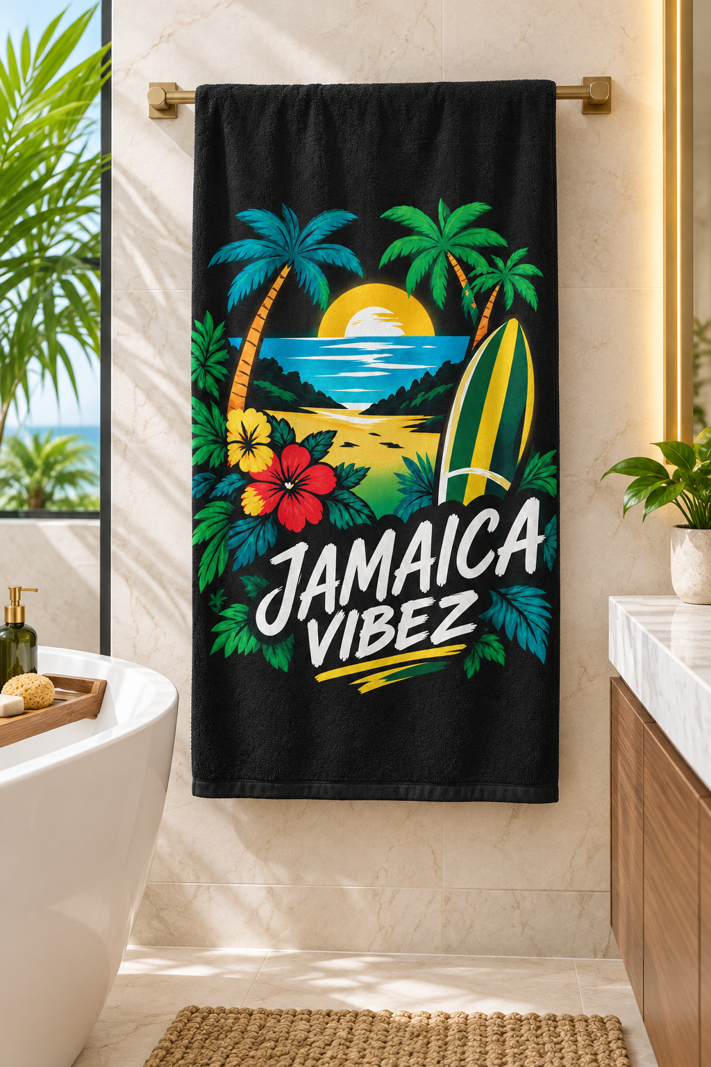 Jamaica Vibez Beach Towel | Tropical Surfboard Palm Tree Sunset