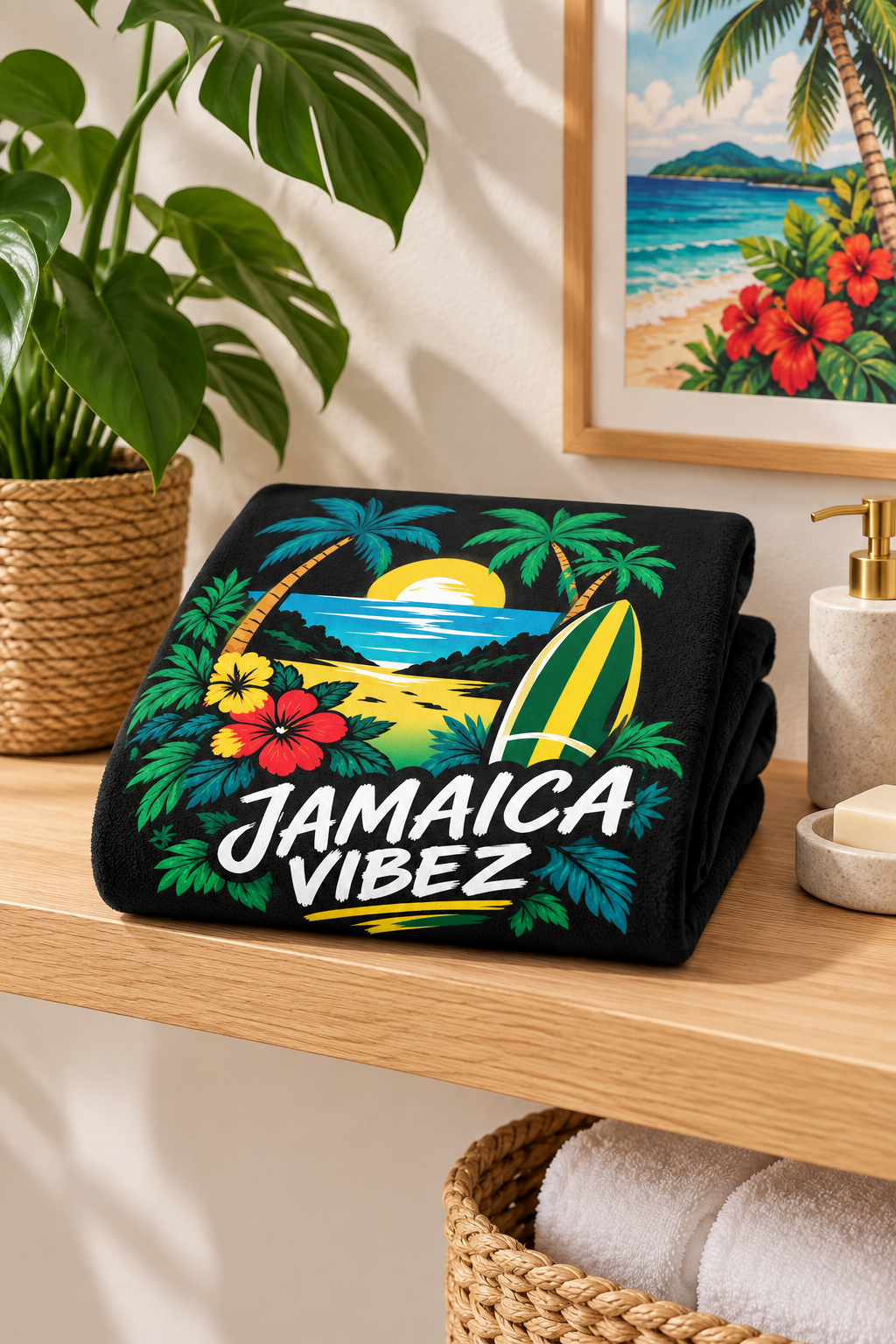 Jamaica Vibez Beach Towel | Tropical Surfboard Palm Tree Sunset