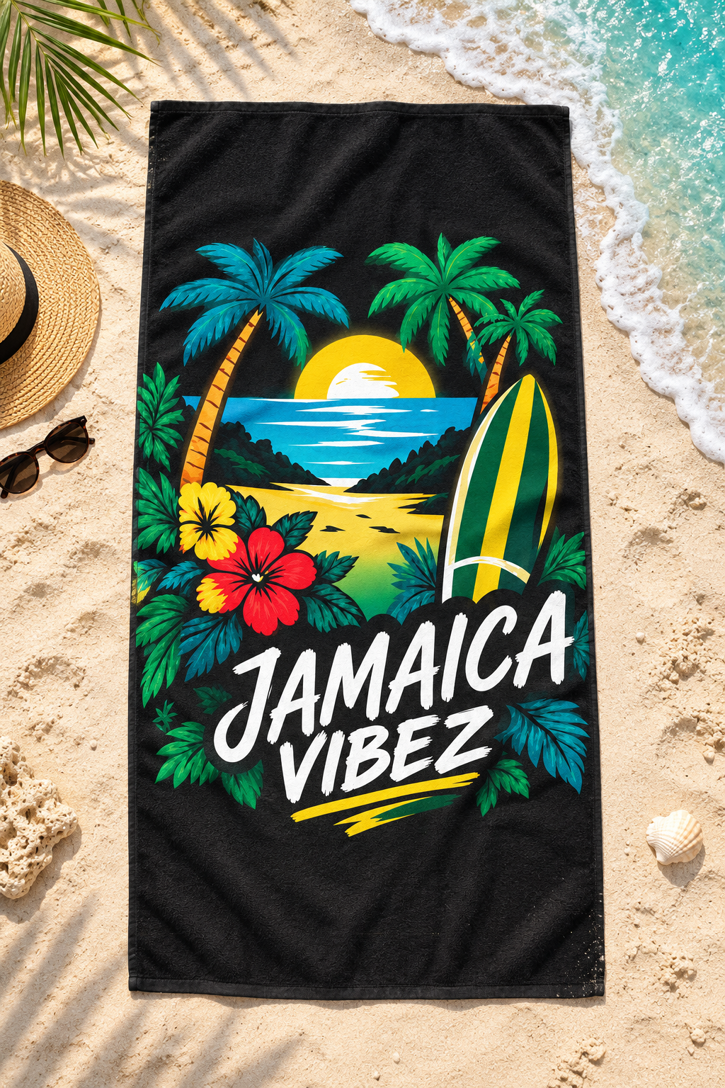 Jamaica Vibez Beach Towel | Tropical Surfboard Palm Tree Sunset