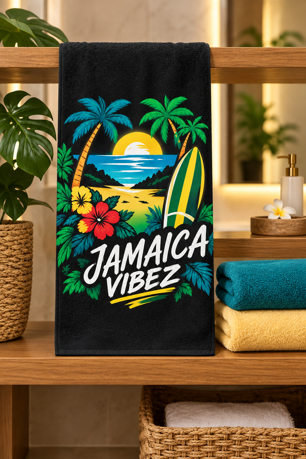 Jamaica Vibez Beach Towel | Tropical Surfboard Palm Tree Sunset