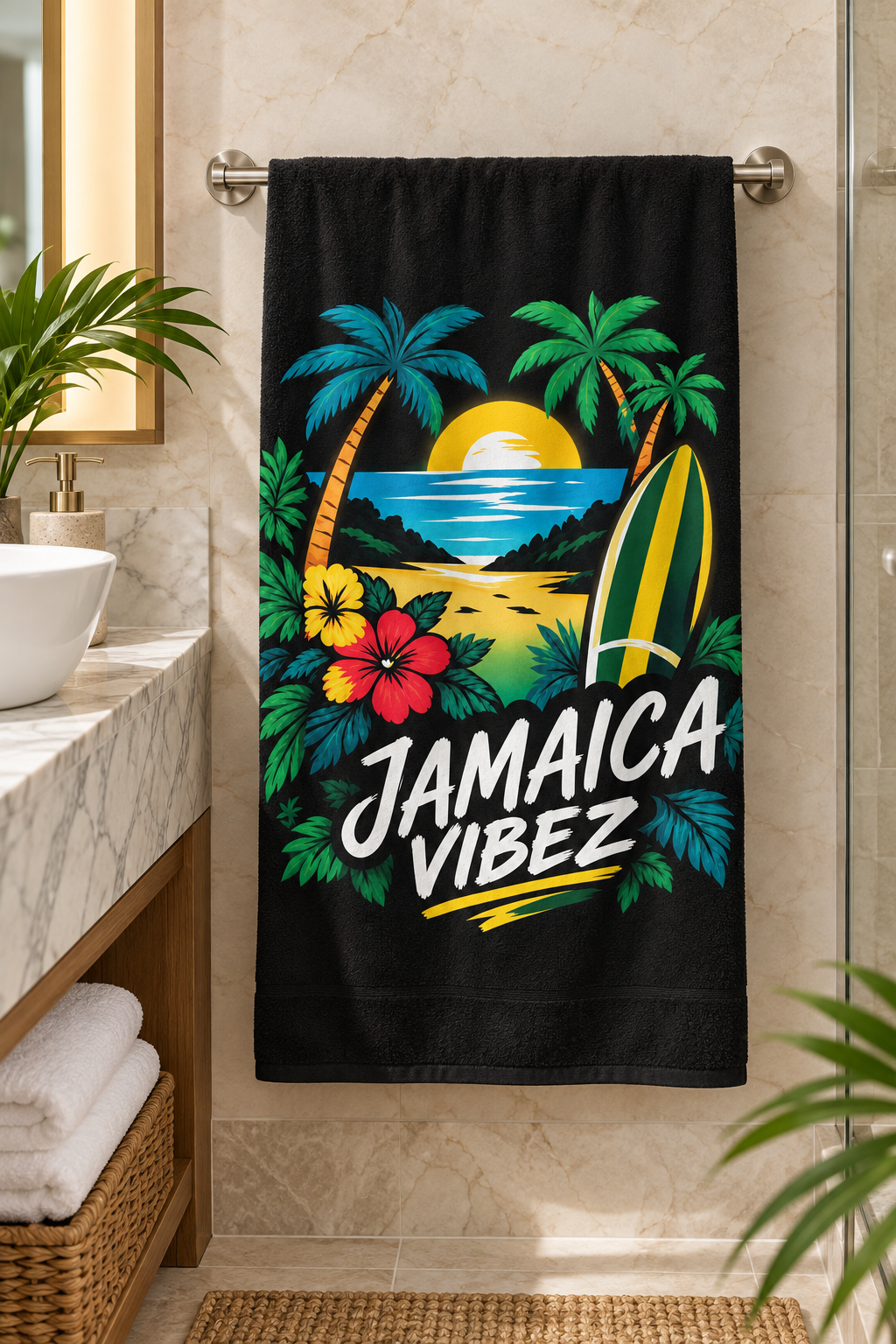 Jamaica Vibez Beach Towel | Tropical Surfboard Palm Tree Sunset