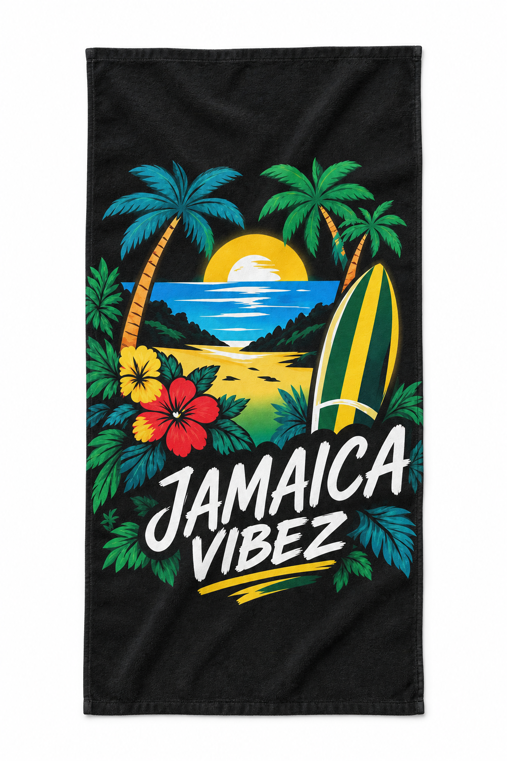 Jamaica Vibez Beach Towel | Tropical Surfboard Palm Tree Sunset