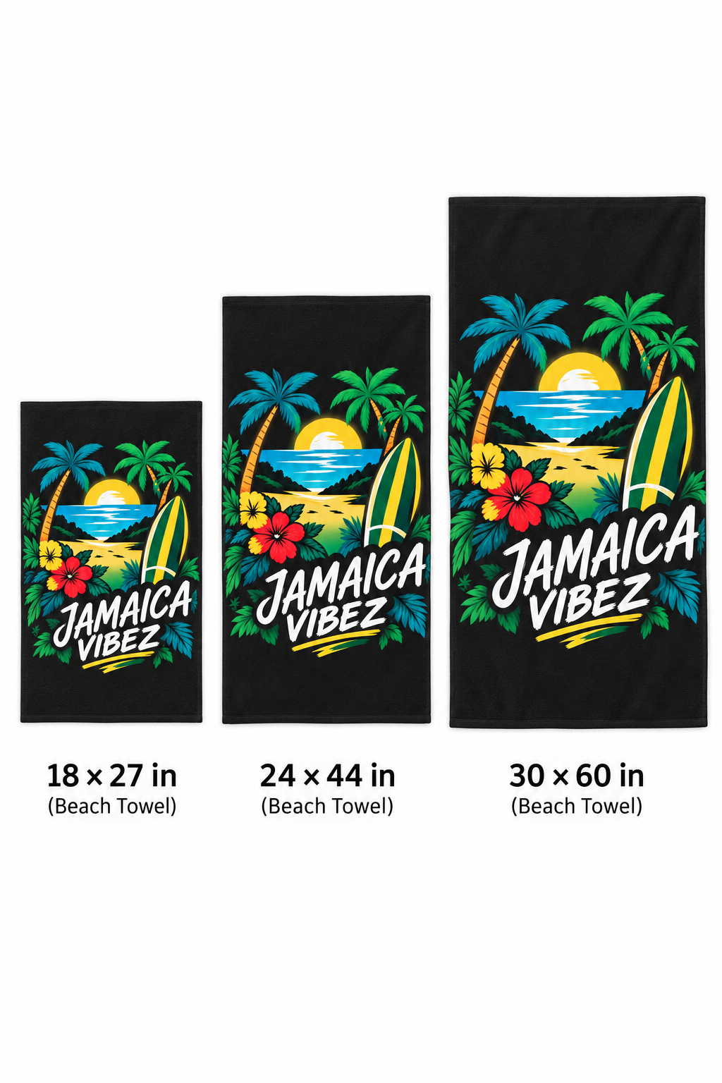 Jamaica Vibez Beach Towel | Tropical Surfboard Palm Tree Sunset