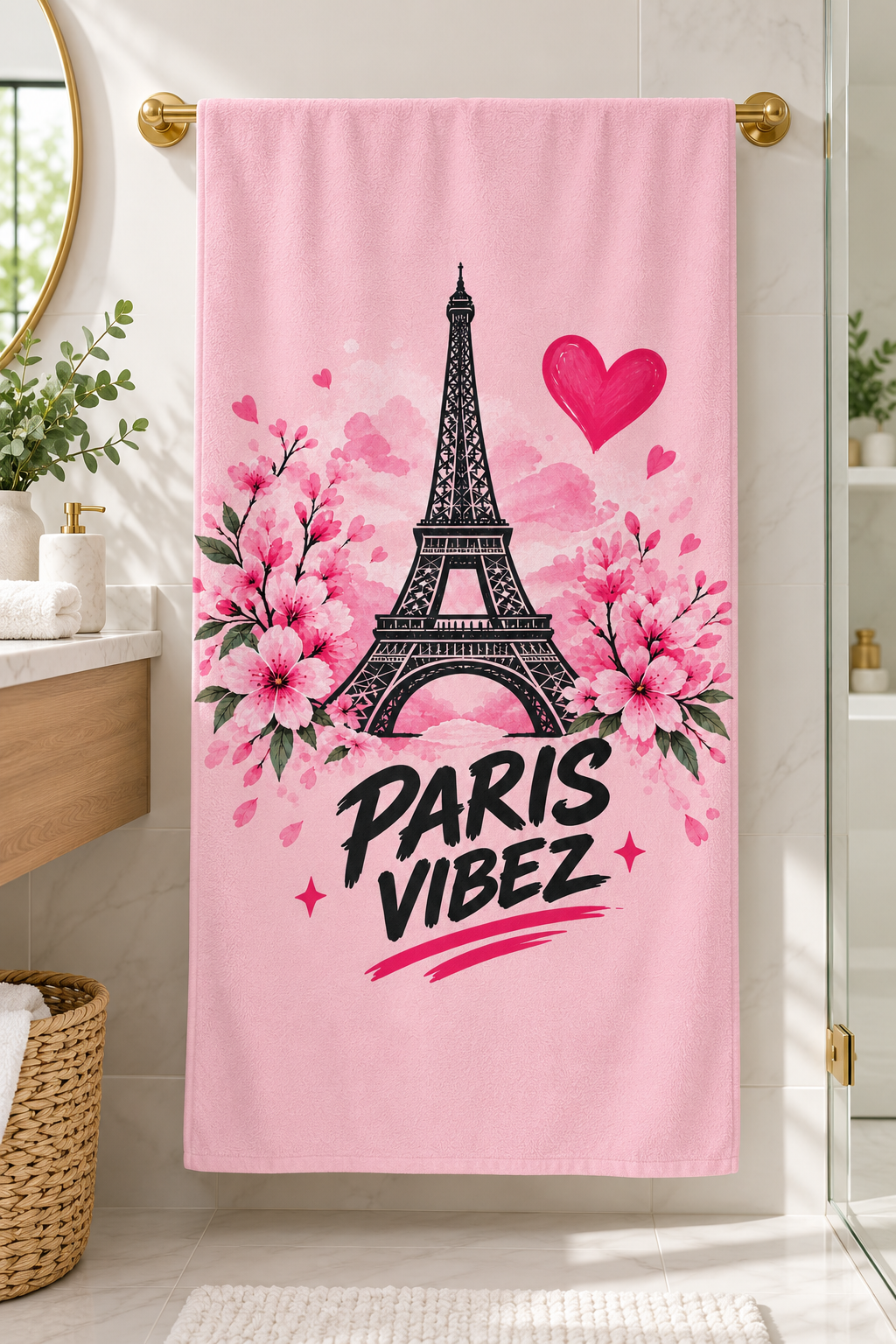 Paris Vibez Eiffel Tower Floral Beach Towel | Pink Cherry Blossom
