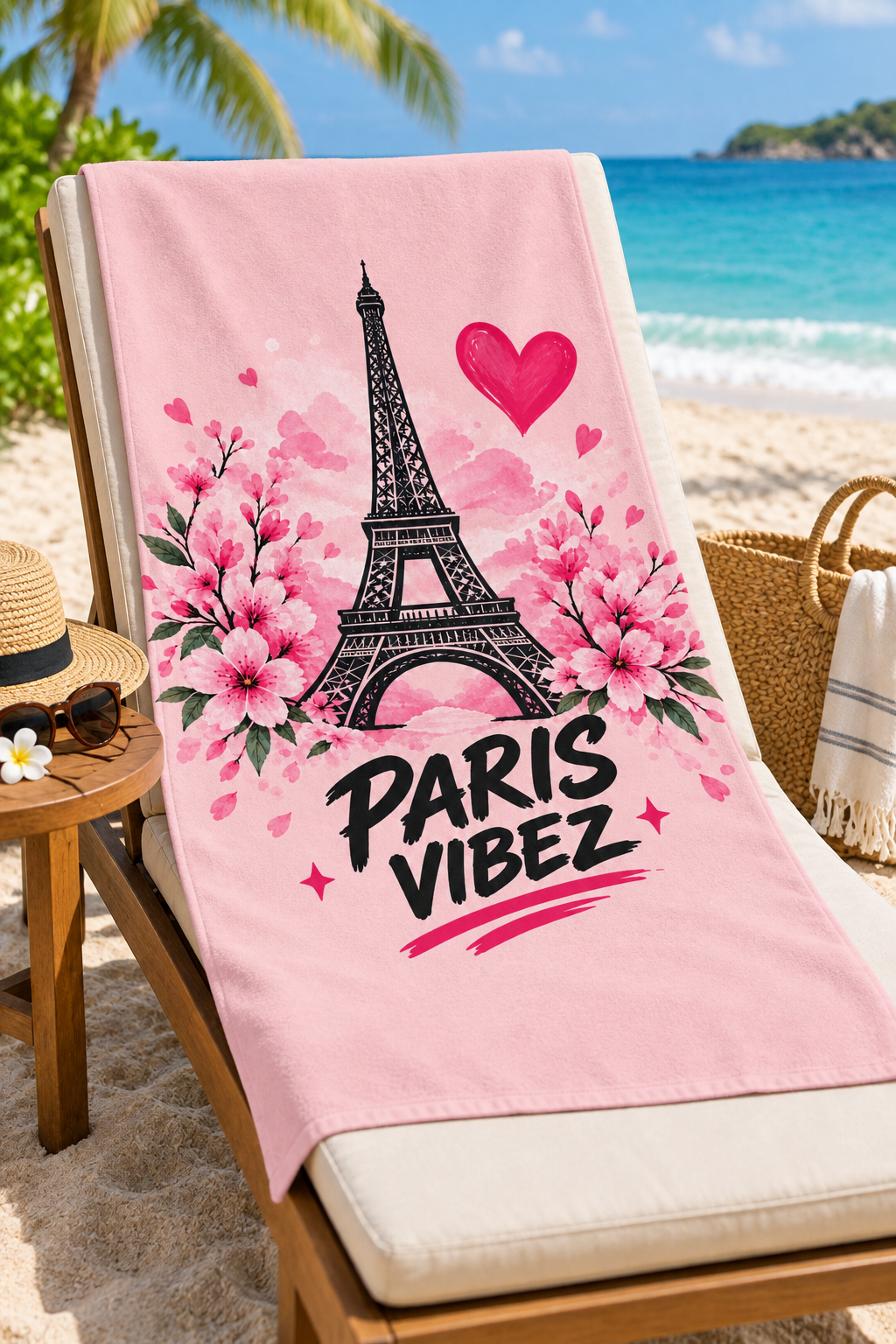 Paris Vibez Eiffel Tower Floral Beach Towel | Pink Cherry Blossom