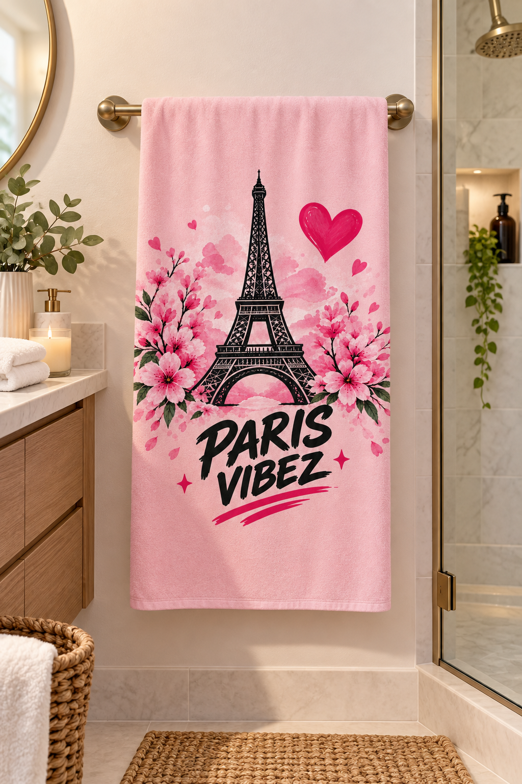 Paris Vibez Eiffel Tower Floral Beach Towel | Pink Cherry Blossom