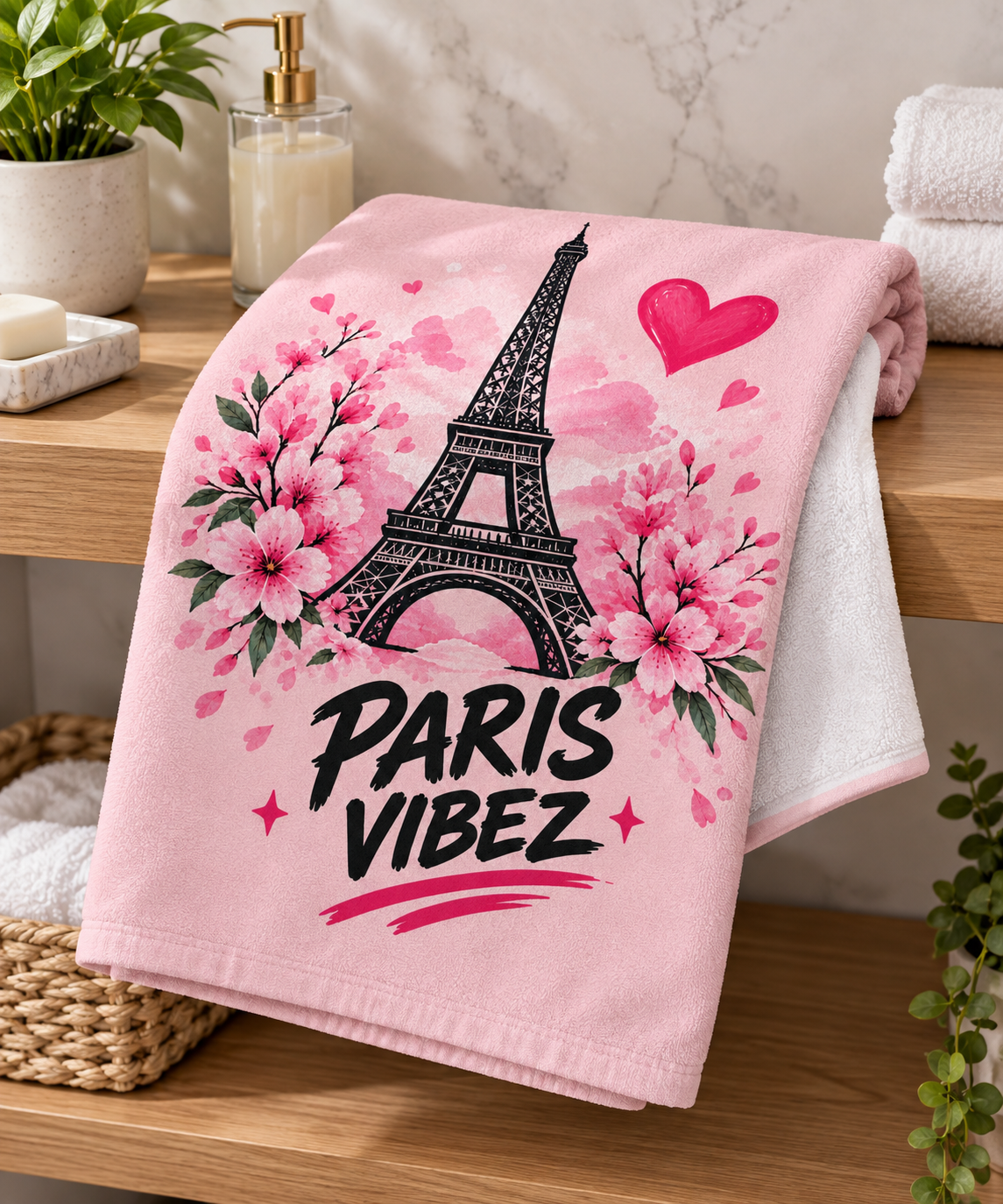 Paris Vibez Eiffel Tower Floral Beach Towel | Pink Cherry Blossom