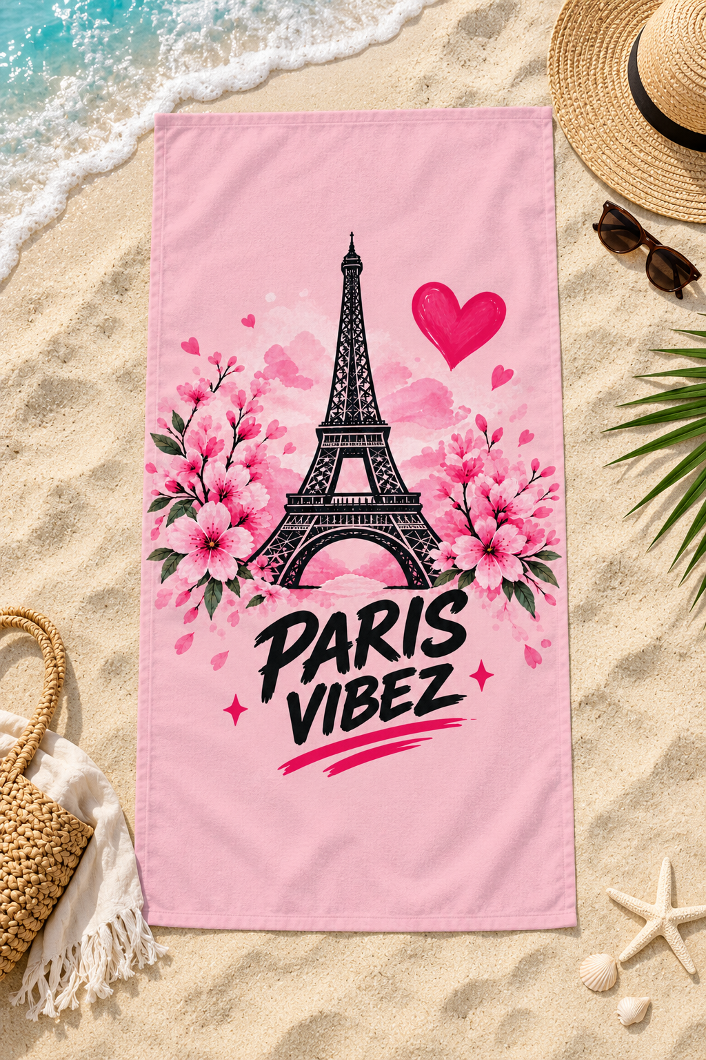 Paris Vibez Eiffel Tower Floral Beach Towel | Pink Cherry Blossom