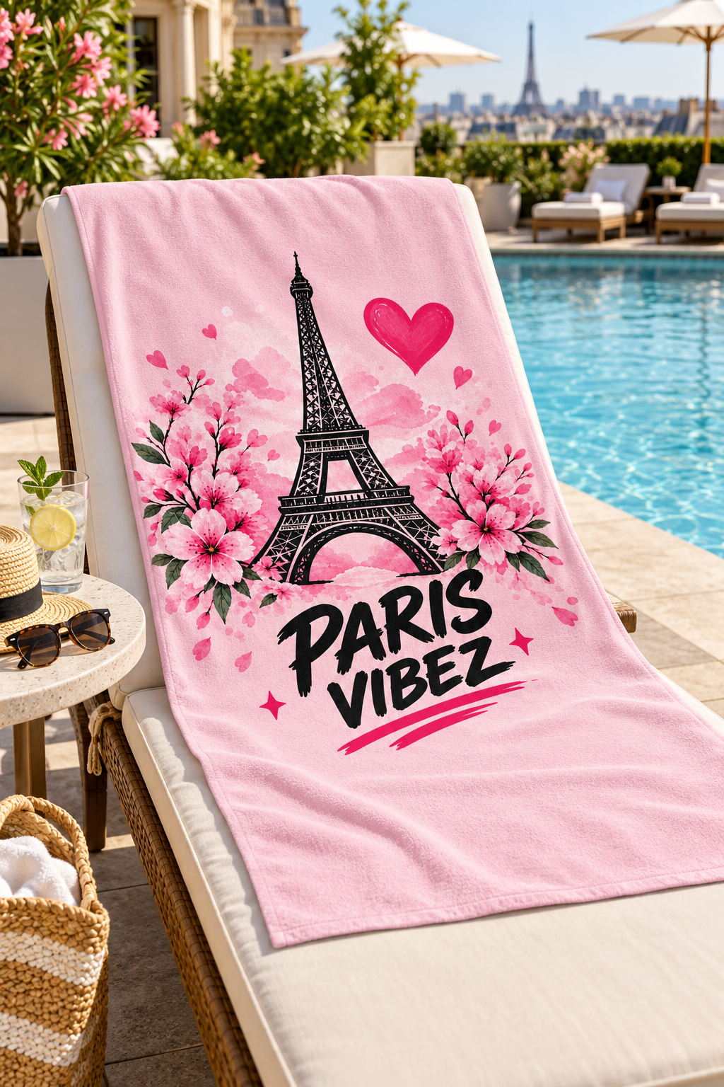 Paris Vibez Eiffel Tower Floral Beach Towel | Pink Cherry Blossom