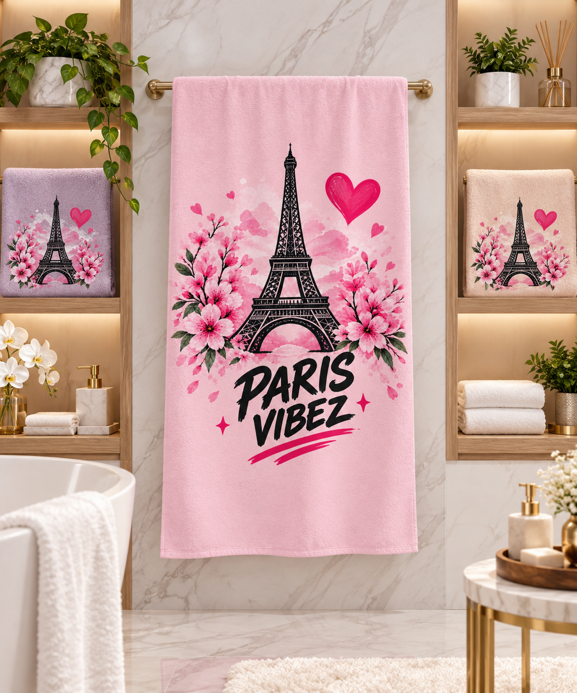 Paris Vibez Eiffel Tower Floral Beach Towel | Pink Cherry Blossom