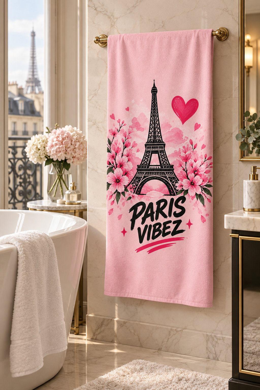 Paris Vibez Eiffel Tower Floral Beach Towel | Pink Cherry Blossom