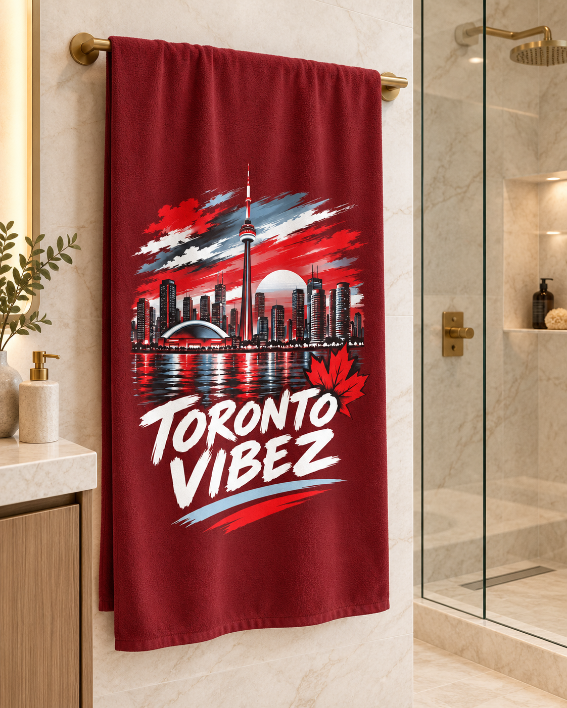 Toronto Vibez Beach Towel | Toronto Skyline, CN Tower, Maple Leaf