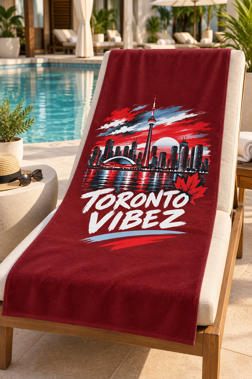 Toronto Vibez Beach Towel | Toronto Skyline, CN Tower, Maple Leaf