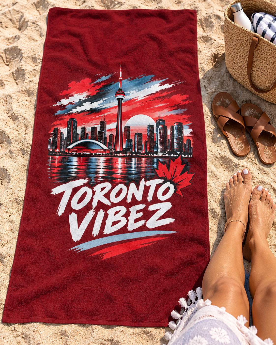 Toronto Vibez Beach Towel | Toronto Skyline, CN Tower, Maple Leaf
