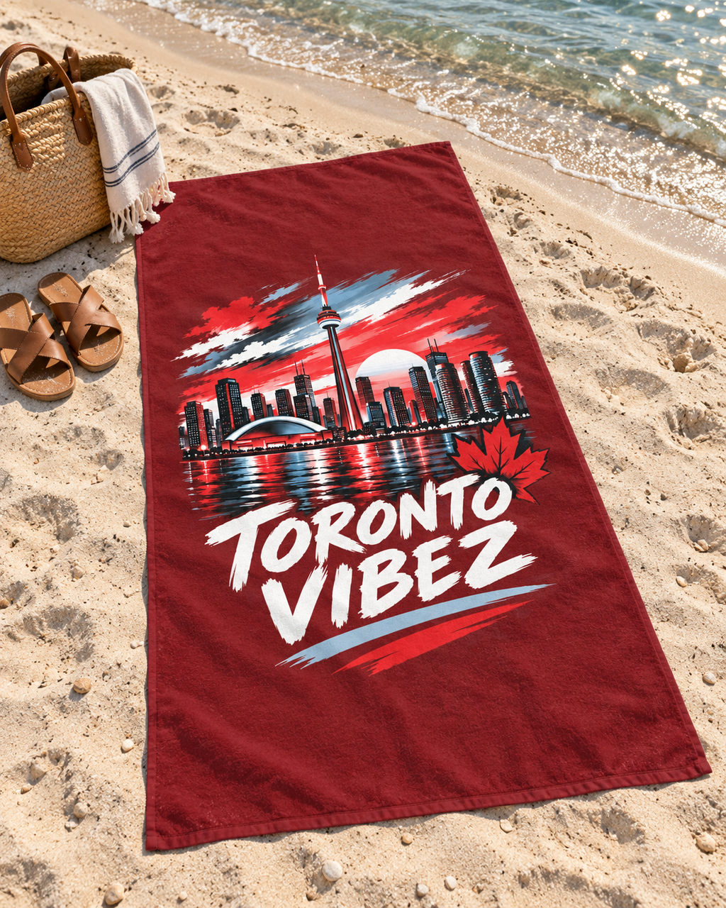 Toronto Vibez Beach Towel | Toronto Skyline, CN Tower, Maple Leaf