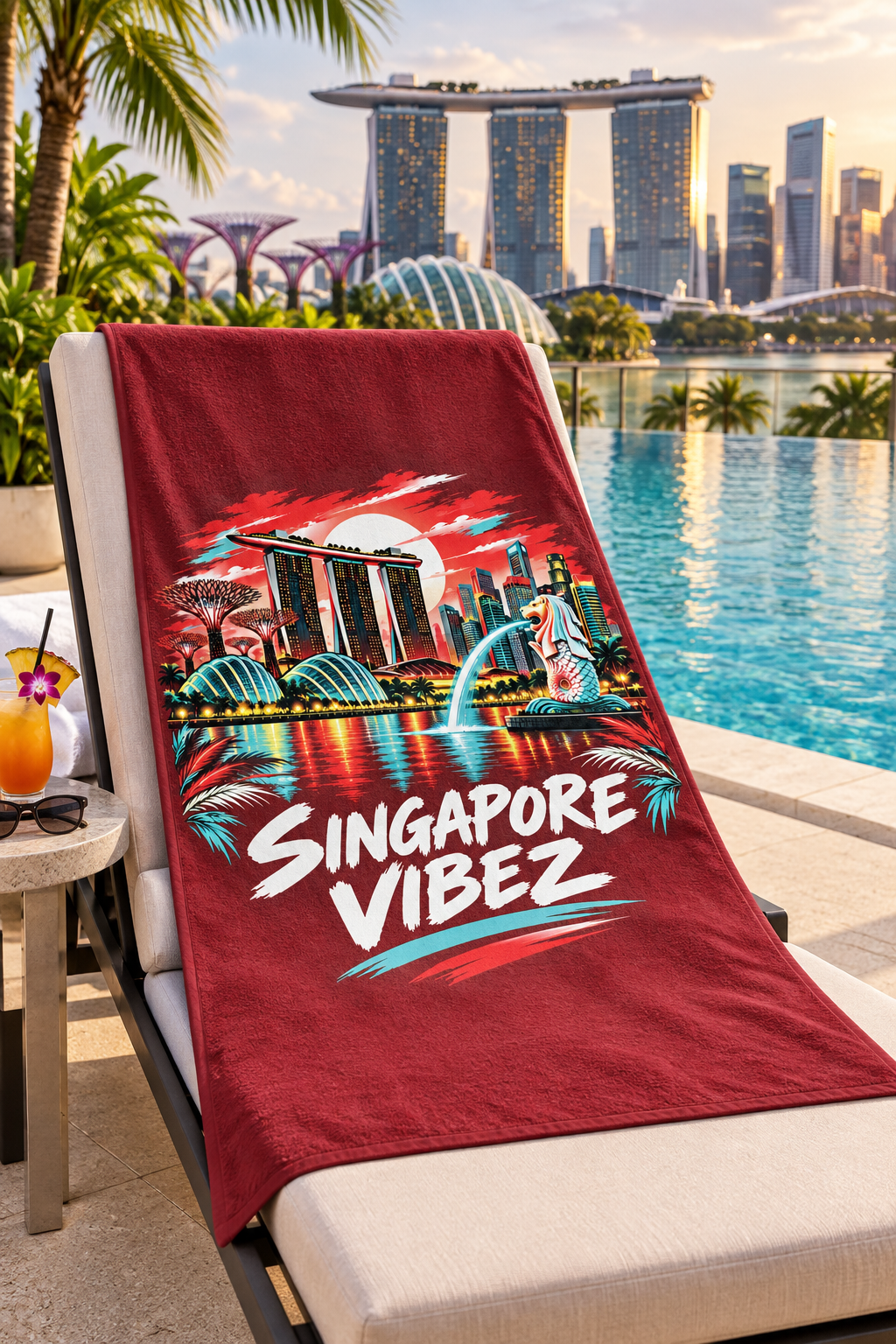 Singapore Vibez beach towel | Marina Bay skyline, Merlion illustration