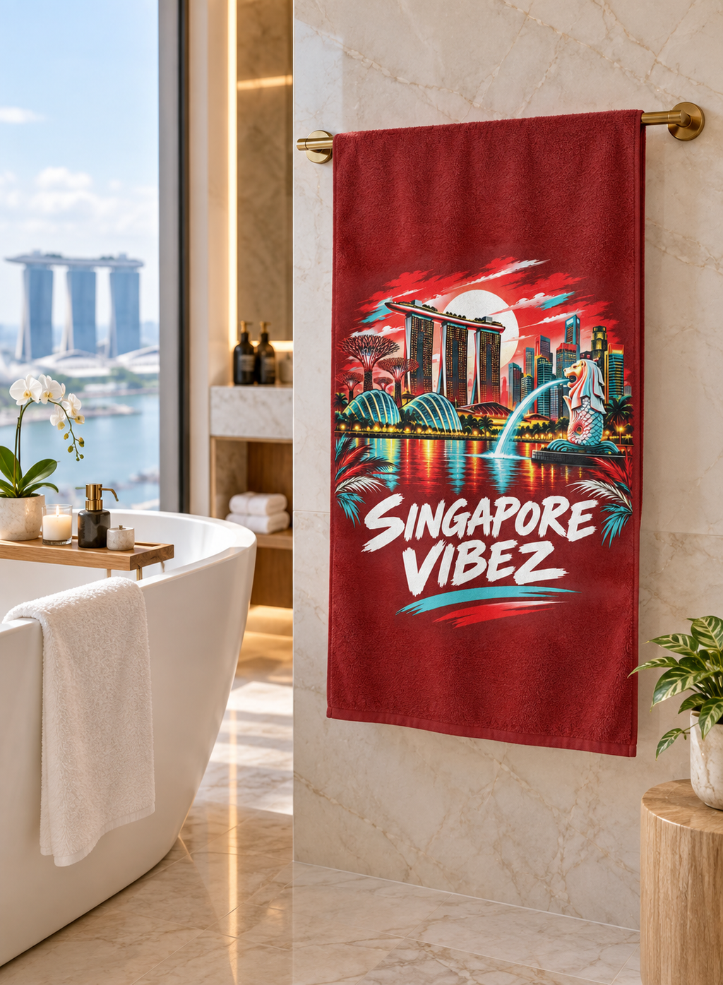 Singapore Vibez beach towel | Marina Bay skyline, Merlion illustration