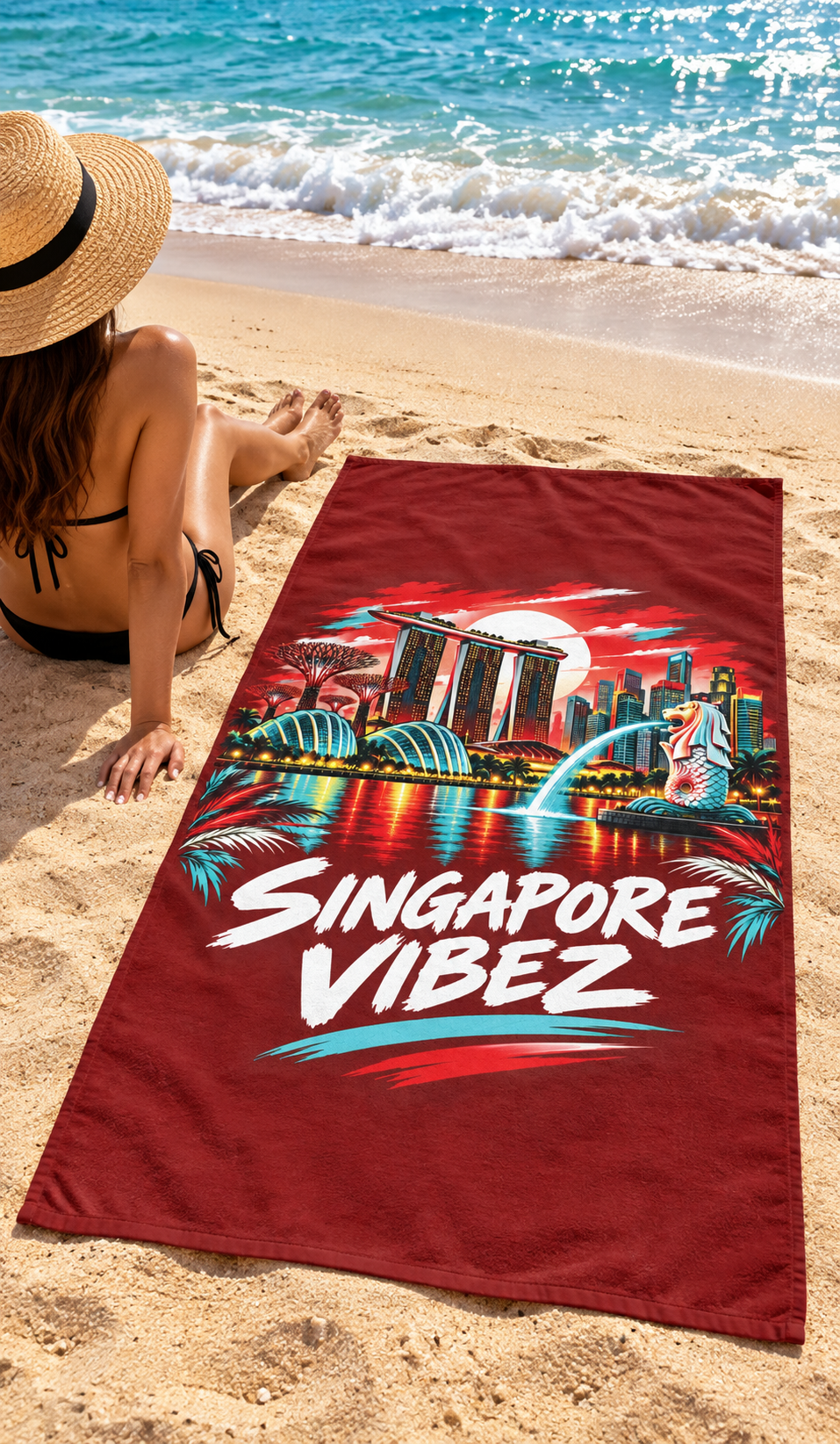 Singapore Vibez beach towel | Marina Bay skyline, Merlion illustration